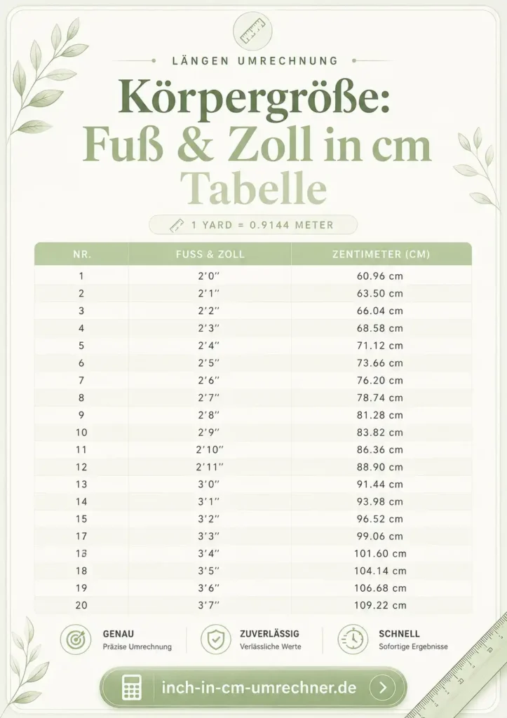 Körpergröße Fuß & Zoll in cm Tabelle